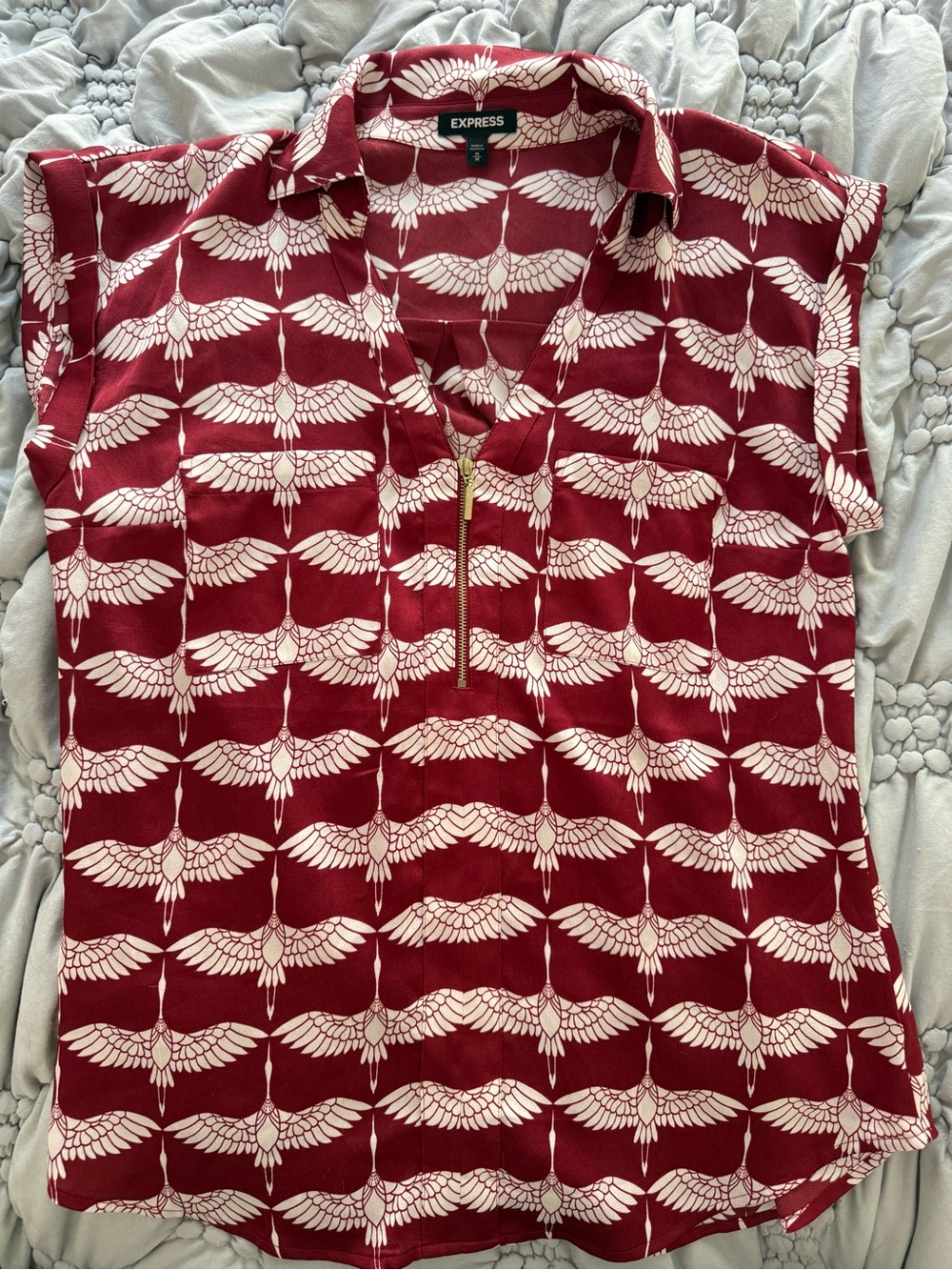 Express Women's Crane Red Zip-Front Patterned Sleeveless Top